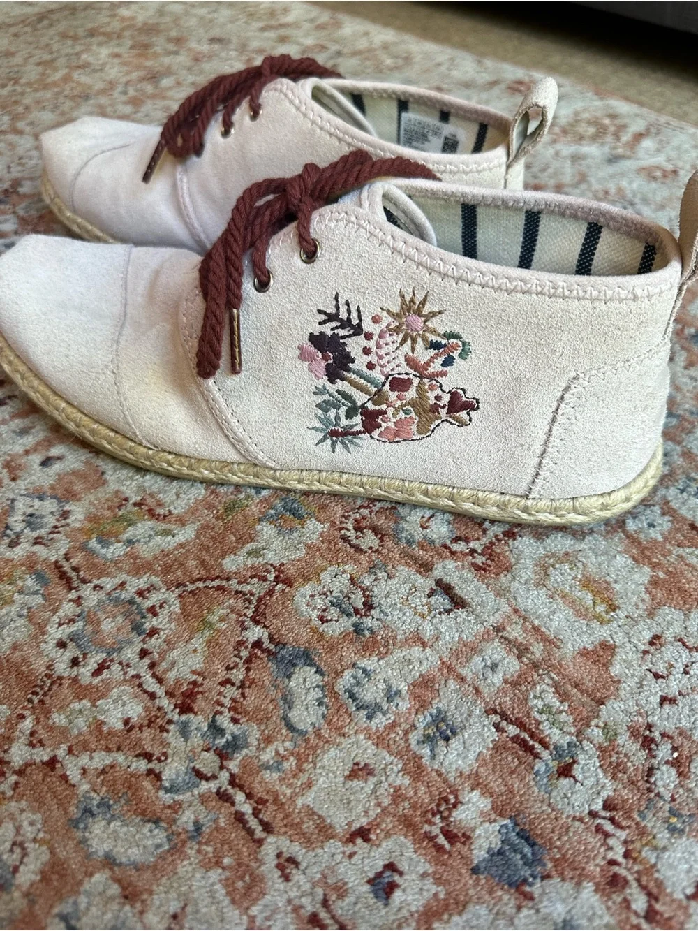 Toms Women's Suede Espadrille Oxford in Light Beige with Brown Laces